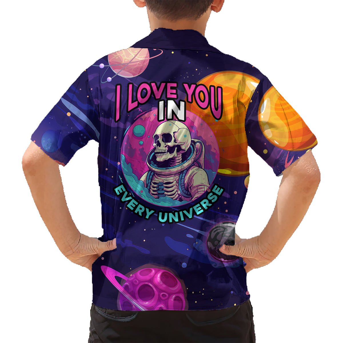 skull-family-matching-short-sleeve-bodycon-dress-and-hawaiian-shirt-i-love-you-in-every-universe-cosmic-abstract-art