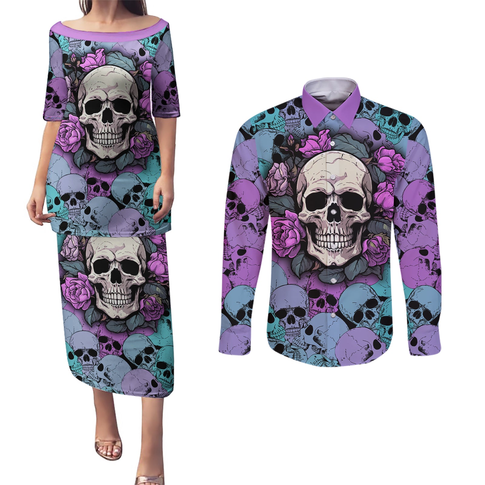 skull-pattern-couples-matching-puletasi-dress-and-long-sleeve-button-shirts-your-are-not-hard-to-love