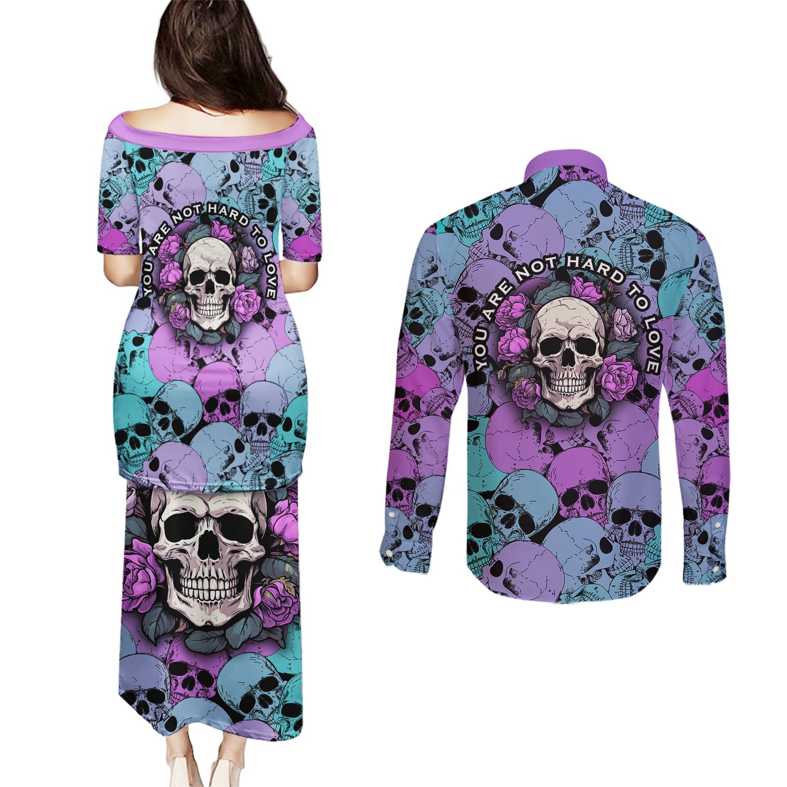 skull-pattern-couples-matching-puletasi-dress-and-long-sleeve-button-shirts-your-are-not-hard-to-love