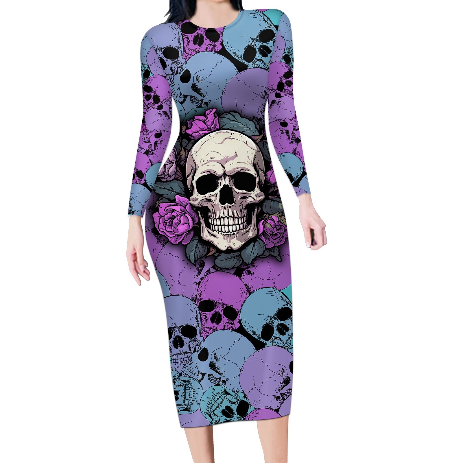 skull-pattern-long-sleeve-bodycon-dress-your-are-not-hard-to-love