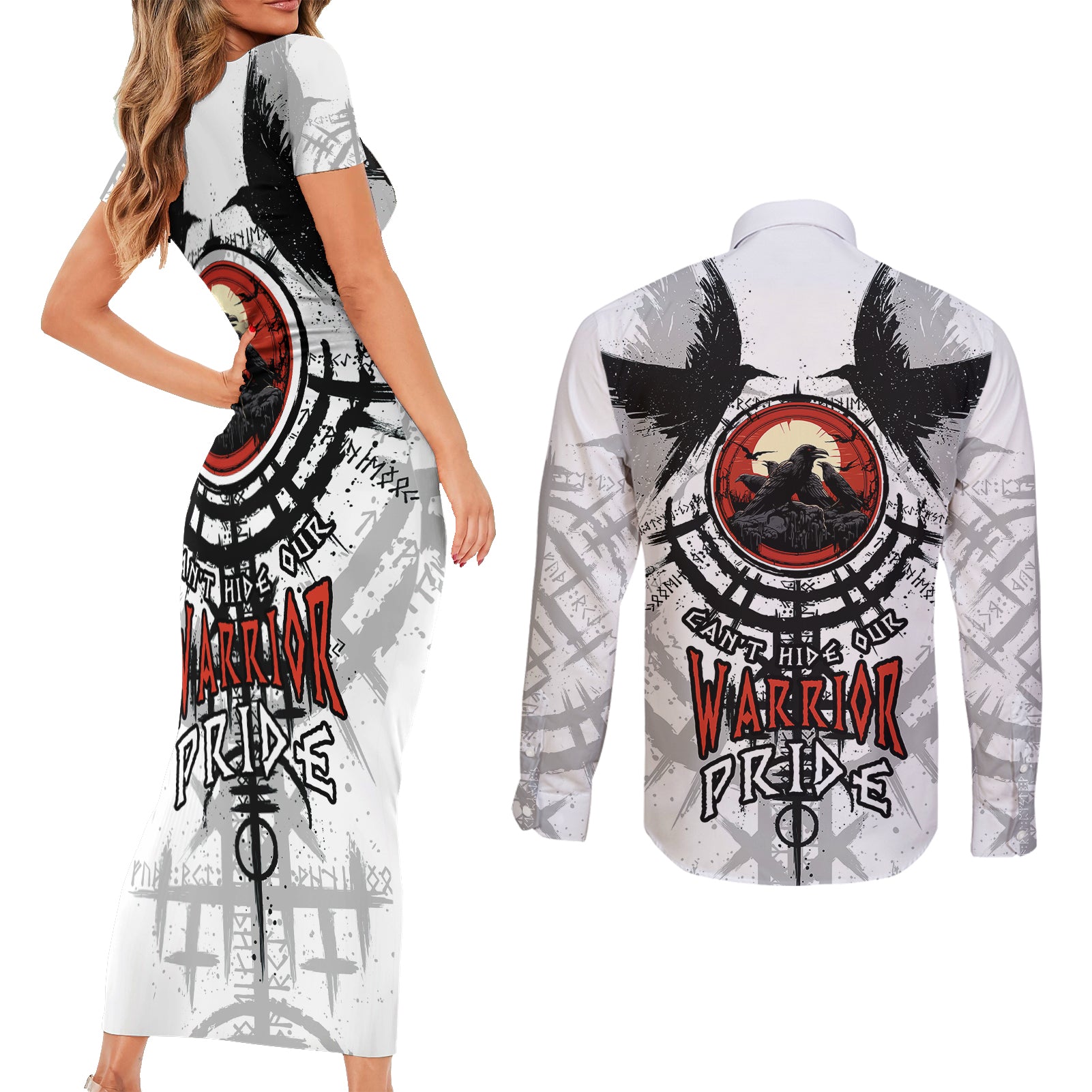 viking-ravens-couples-matching-short-sleeve-bodycon-dress-and-long-sleeve-button-shirts-cant-hide-our-warrior-pride