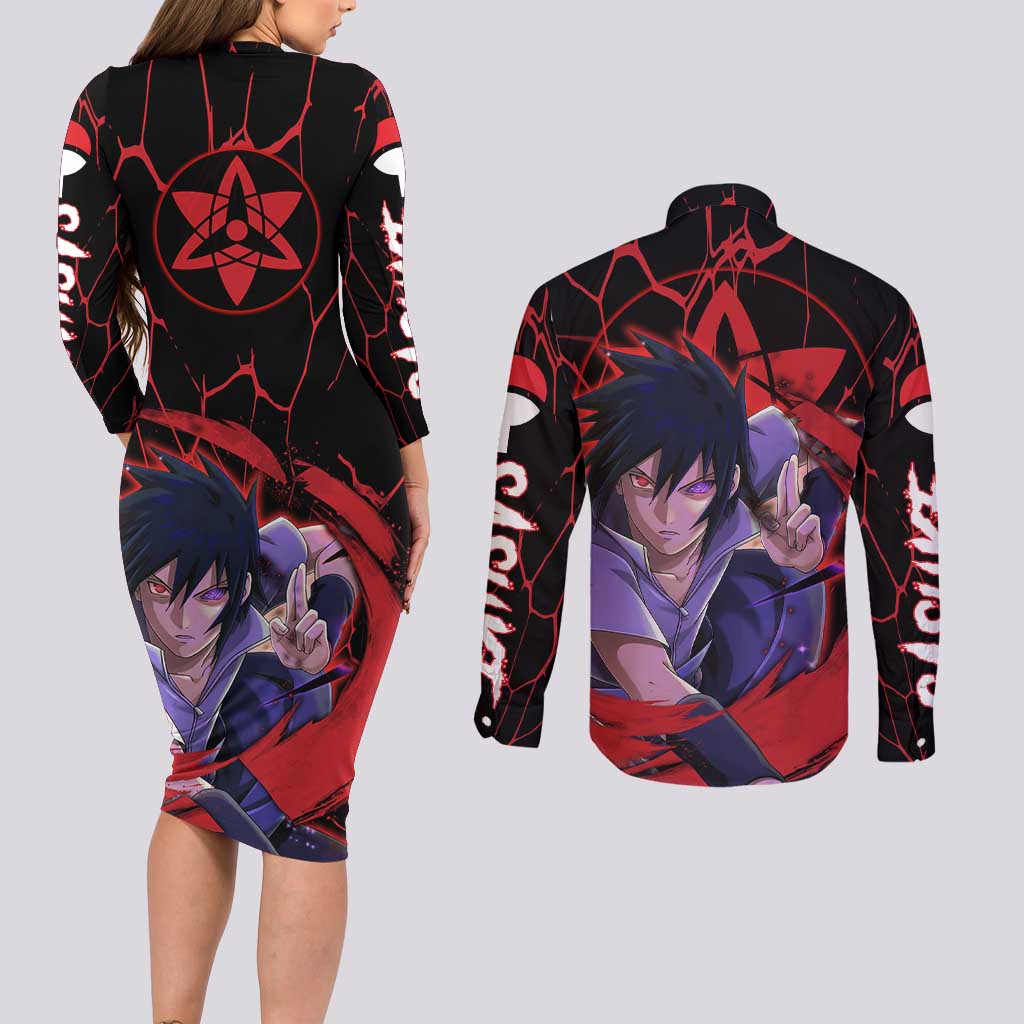 Trippy Sasuke Uchiha Naruto Couples Matching Long Sleeve Bodycon Dress and Long Sleeve Button Shirt Anime Style