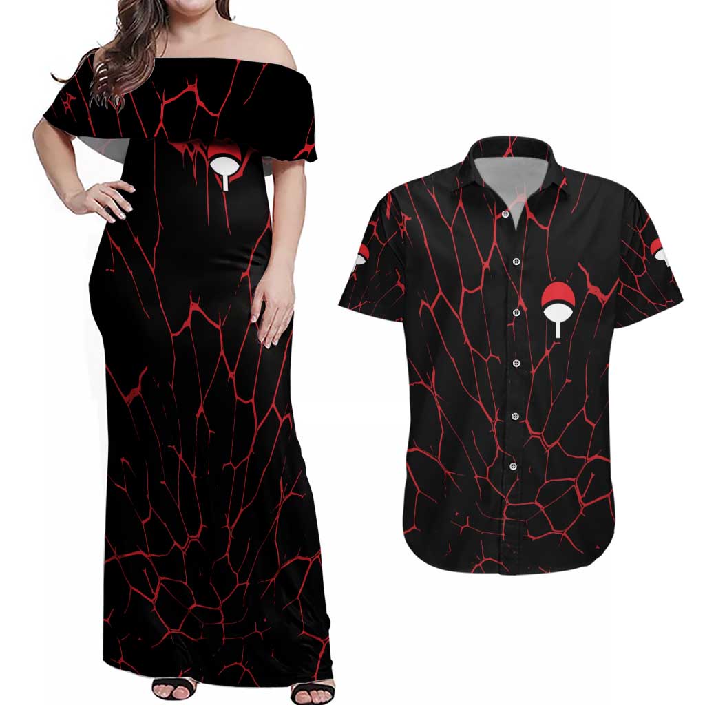 Trippy Sasuke Uchiha Naruto Couples Matching Off Shoulder Maxi Dress and Hawaiian Shirt Anime Style