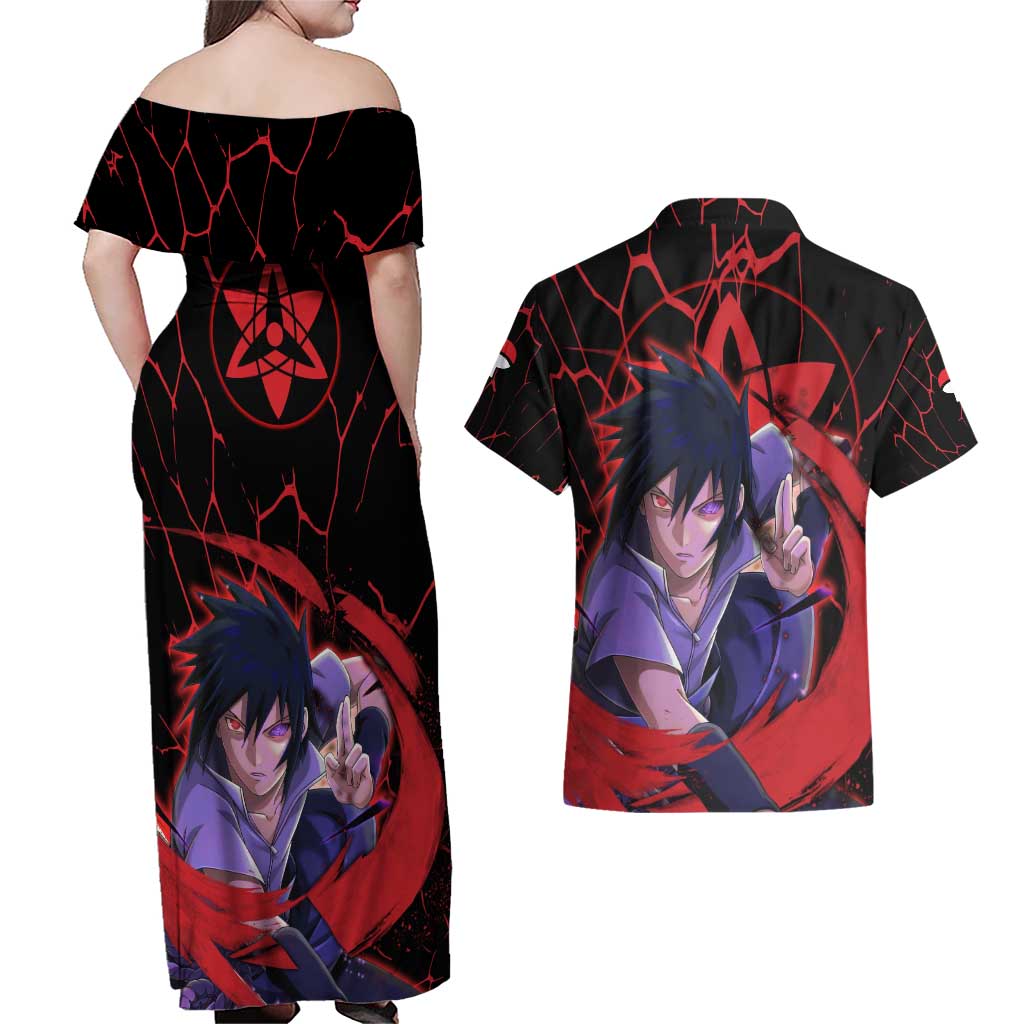 Trippy Sasuke Uchiha Naruto Couples Matching Off Shoulder Maxi Dress and Hawaiian Shirt Anime Style