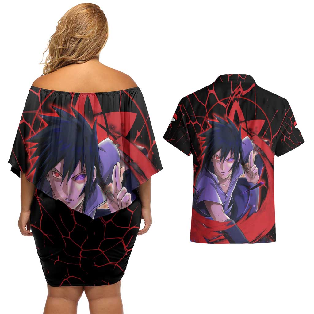 Trippy Sasuke Uchiha Naruto Couples Matching Off Shoulder Short Dress and Hawaiian Shirt Anime Style
