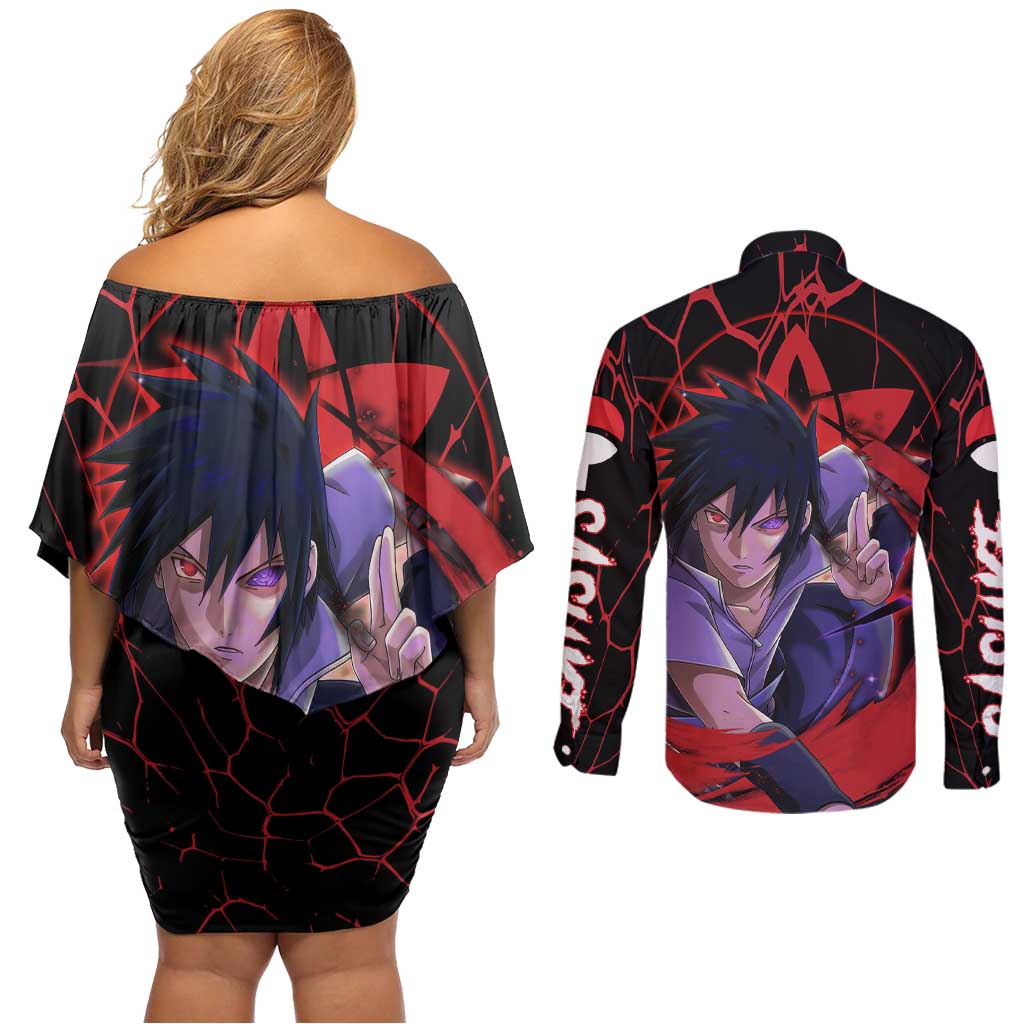 Trippy Sasuke Uchiha Naruto Couples Matching Off Shoulder Short Dress and Long Sleeve Button Shirt Anime Style
