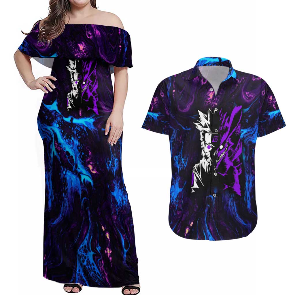 Naruto Awakened Beast Couples Matching Off Shoulder Maxi Dress and Hawaiian Shirt Anime Style