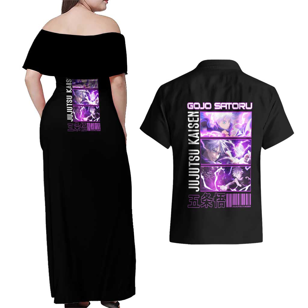 Gojo Satoru Hollow Purple Jujutsu Kaisen Couples Matching Off Shoulder Maxi Dress and Hawaiian Shirt Anime Style