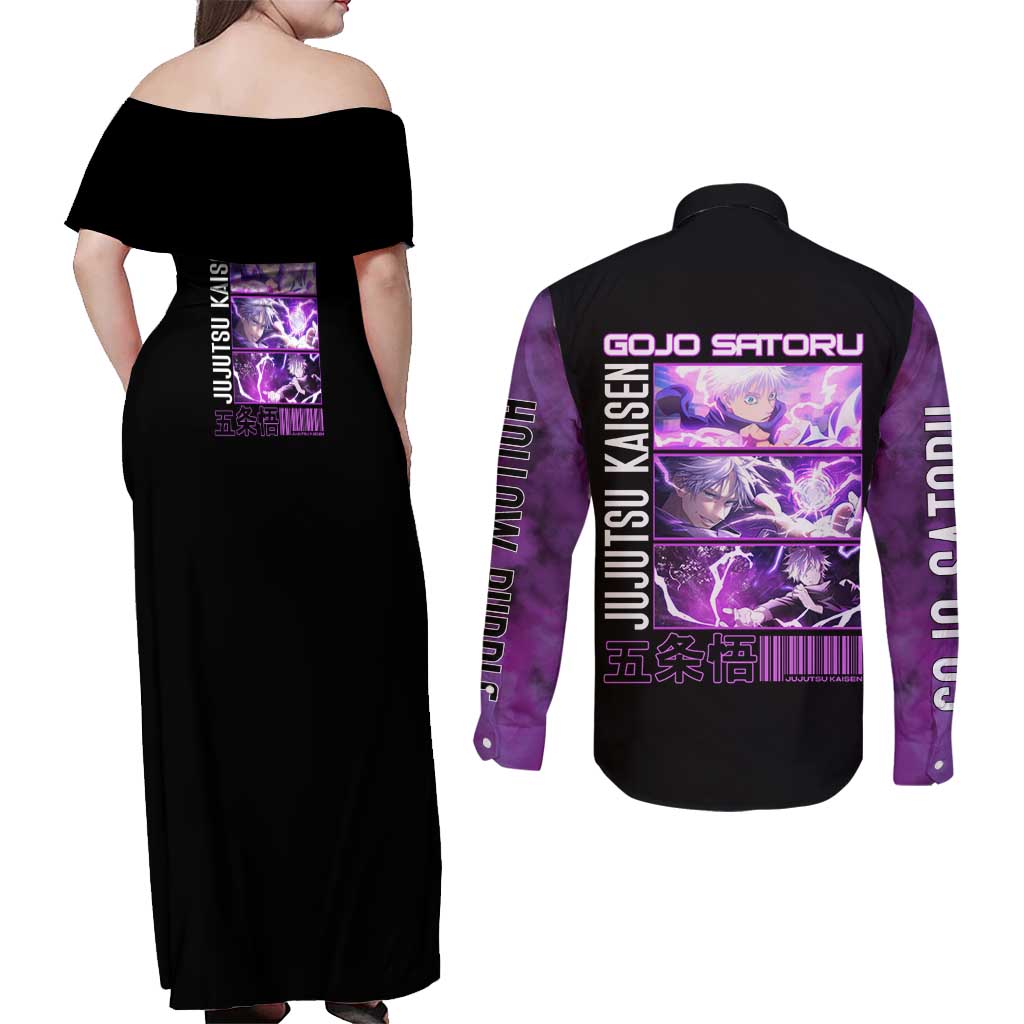 Gojo Satoru Hollow Purple Jujutsu Kaisen Couples Matching Off Shoulder Maxi Dress and Long Sleeve Button Shirt Anime Style