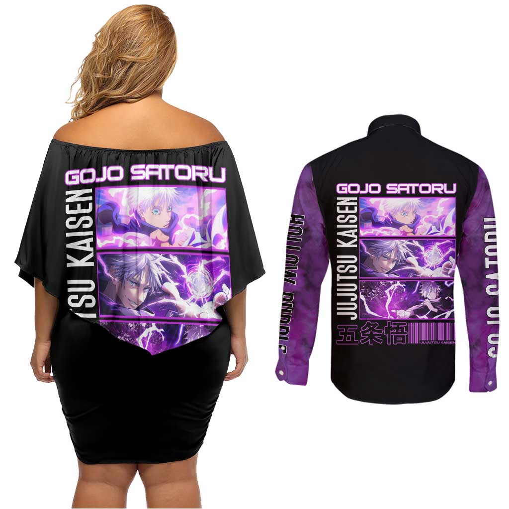Gojo Satoru Hollow Purple Jujutsu Kaisen Couples Matching Off Shoulder Short Dress and Long Sleeve Button Shirt Anime Style