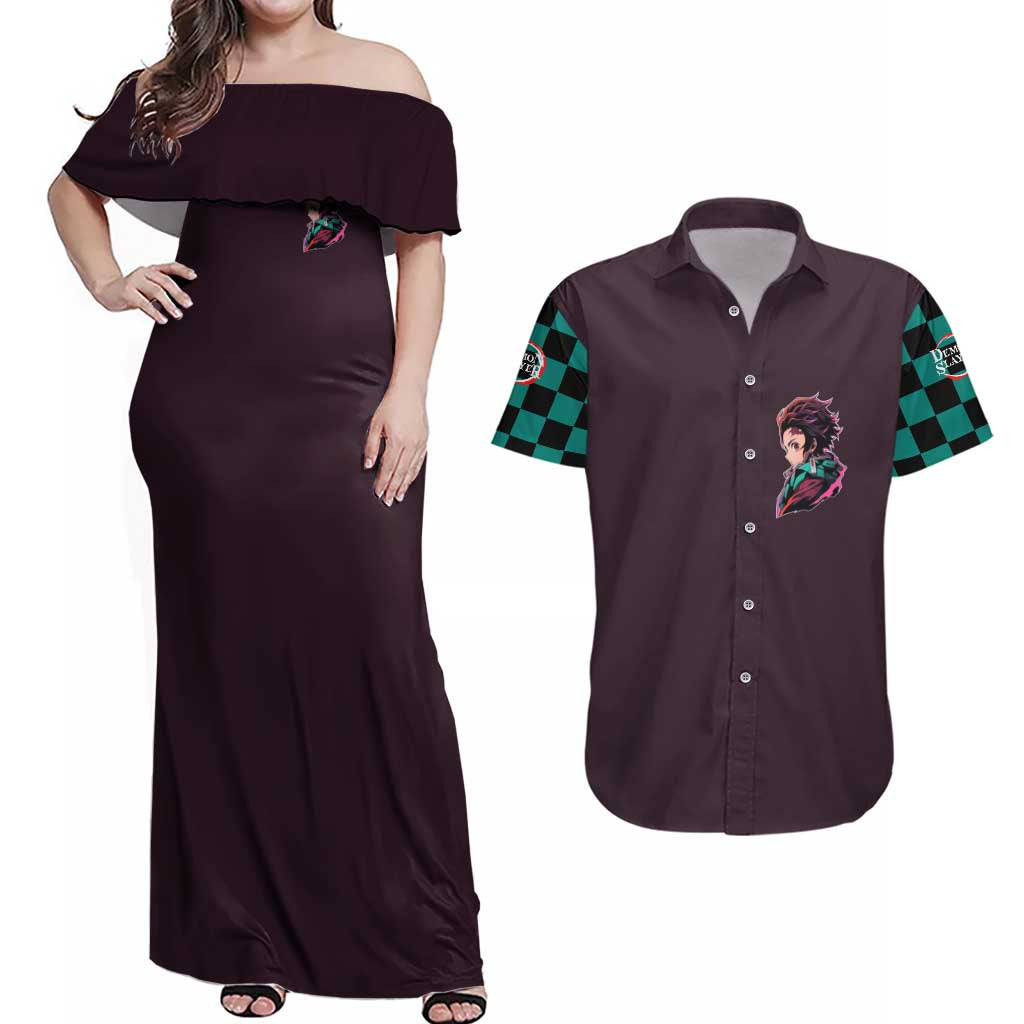 Kamado Tanjiro Demon Slayer Couples Matching Off Shoulder Maxi Dress and Hawaiian Shirt Anime Style