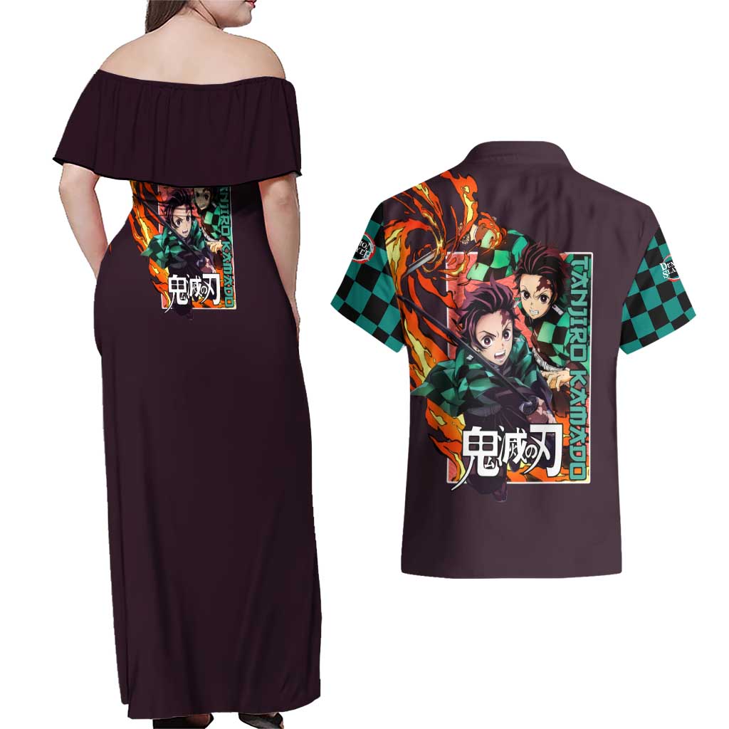 Kamado Tanjiro Demon Slayer Couples Matching Off Shoulder Maxi Dress and Hawaiian Shirt Anime Style