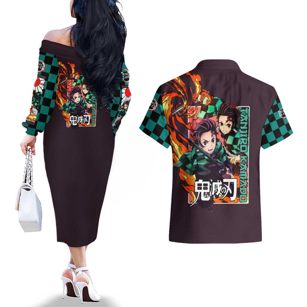 Kamado Tanjiro Demon Slayer Couples Matching Off The Shoulder Long Sleeve Dress and Hawaiian Shirt Anime Style