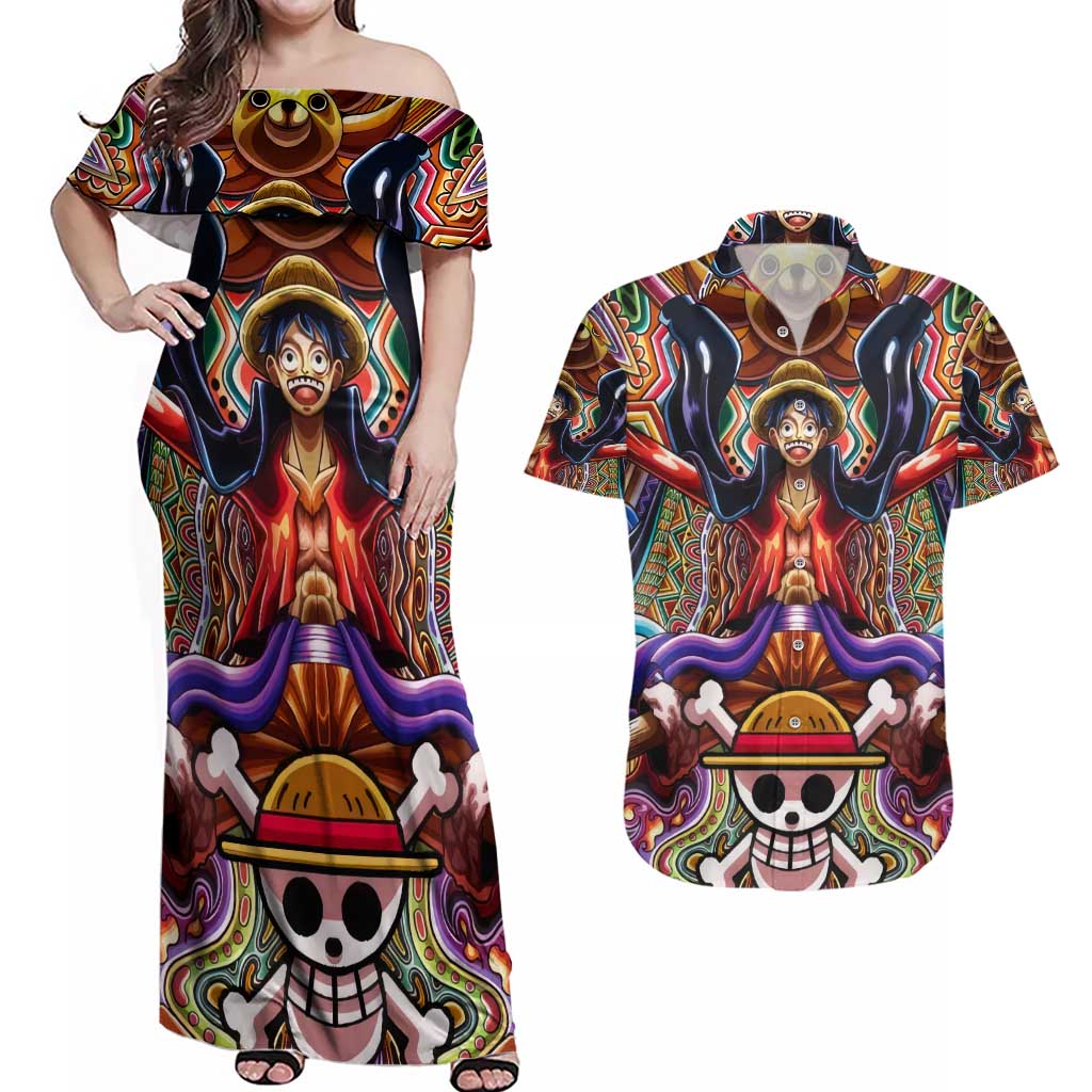 Trippy Monkey D. Luffy One Piece Couples Matching Off Shoulder Maxi Dress and Hawaiian Shirt Anime Mix Hippie Style