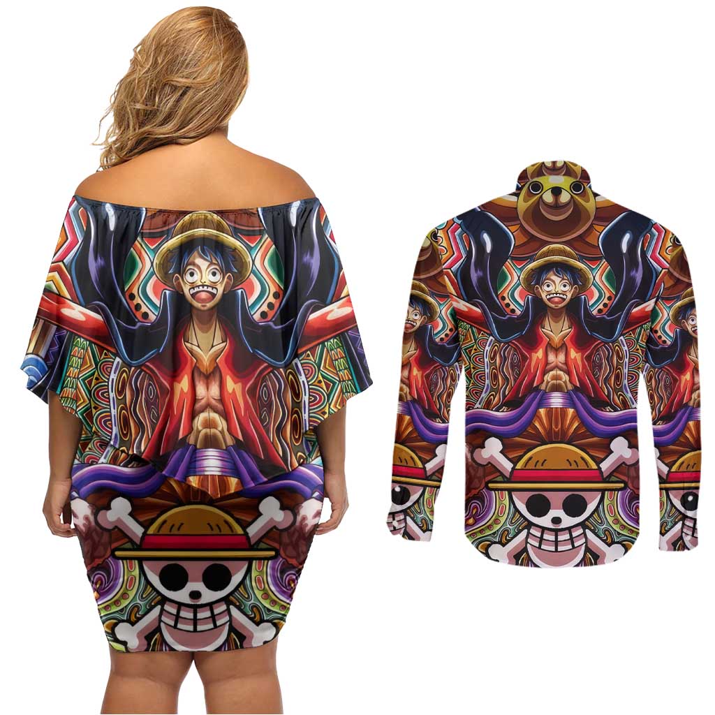 Trippy Monkey D. Luffy One Piece Couples Matching Off Shoulder Short Dress and Long Sleeve Button Shirt Anime Mix Hippie Style