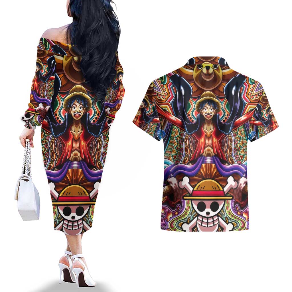 Trippy Monkey D. Luffy One Piece Couples Matching Off The Shoulder Long Sleeve Dress and Hawaiian Shirt Anime Mix Hippie Style