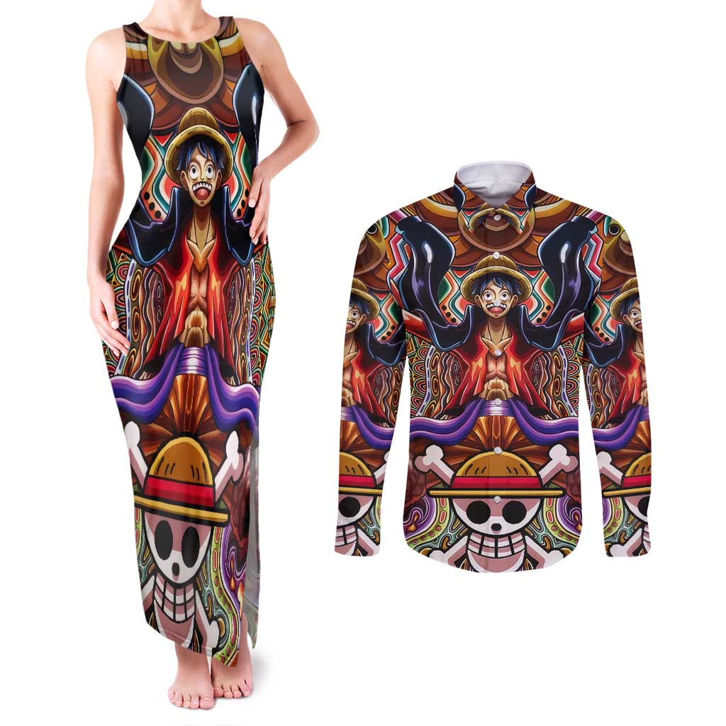 Trippy Monkey D. Luffy One Piece Couples Matching Tank Maxi Dress and Long Sleeve Button Shirt Anime Mix Hippie Style