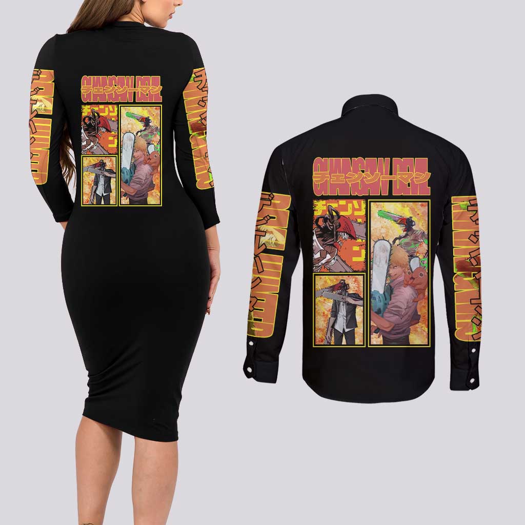 Denji Chainsaw Man Couples Matching Long Sleeve Bodycon Dress and Long Sleeve Button Shirt Anime Style