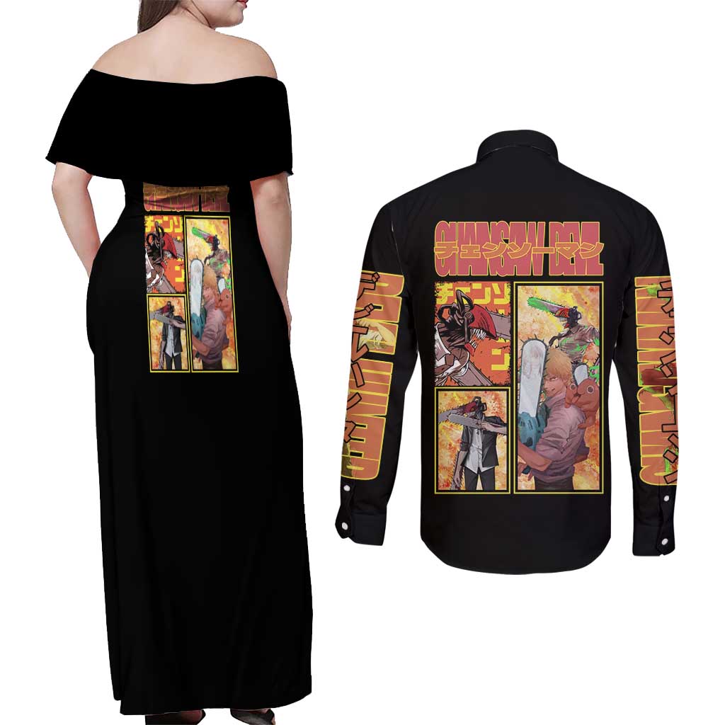 Denji Chainsaw Man Couples Matching Off Shoulder Maxi Dress and Long Sleeve Button Shirt Anime Style