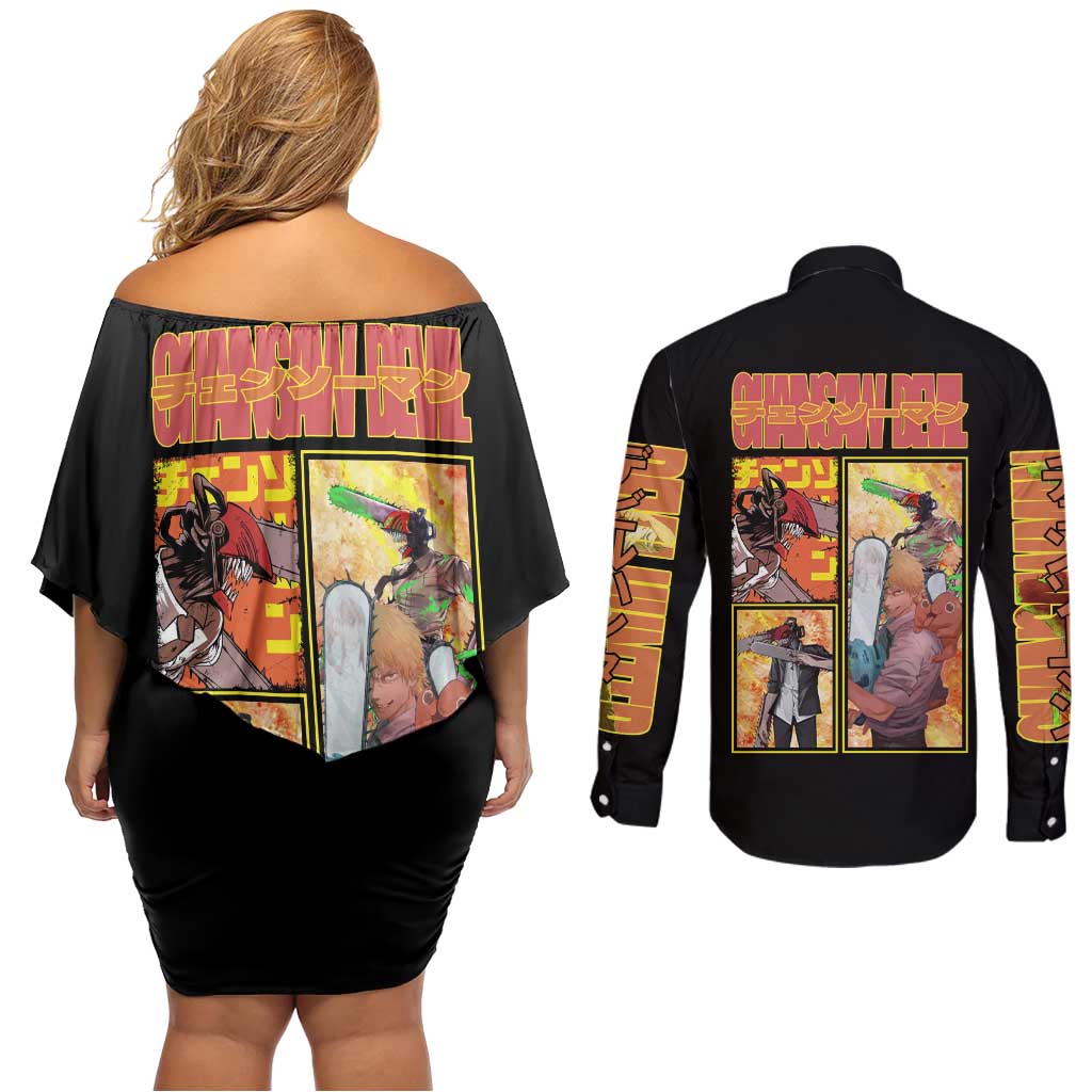 Denji Chainsaw Man Couples Matching Off Shoulder Short Dress and Long Sleeve Button Shirt Anime Style