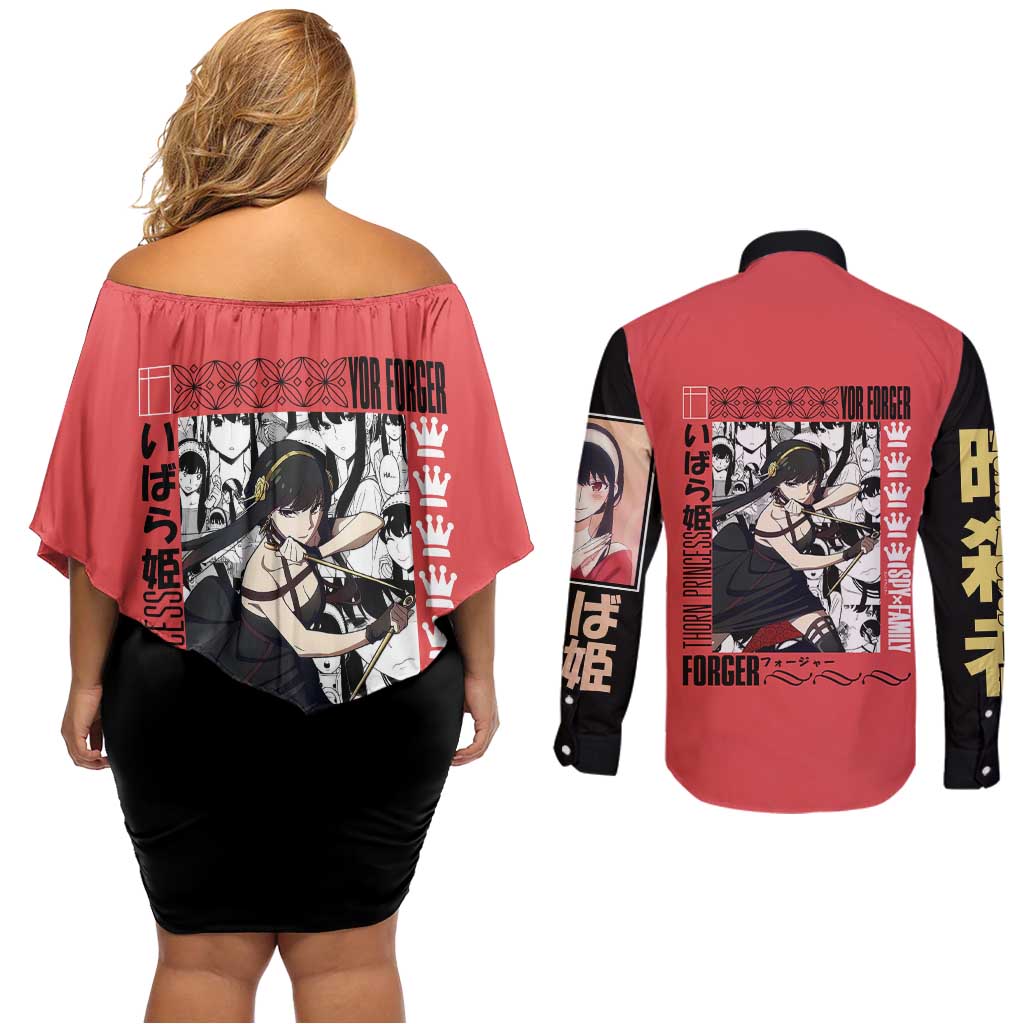Yor Forger Spy x Family Couples Matching Off Shoulder Short Dress and Long Sleeve Button Shirt Anime Style