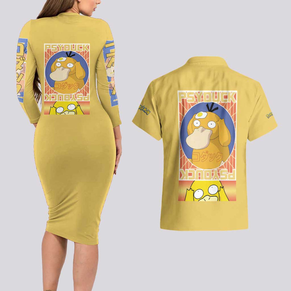 Cute Psyduck Poke Couples Matching Long Sleeve Bodycon Dress and Hawaiian Shirt Anime Style