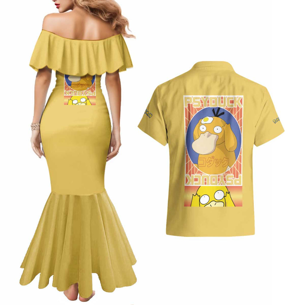 Cute Psyduck Poke Couples Matching Mermaid Dress and Hawaiian Shirt Anime Style