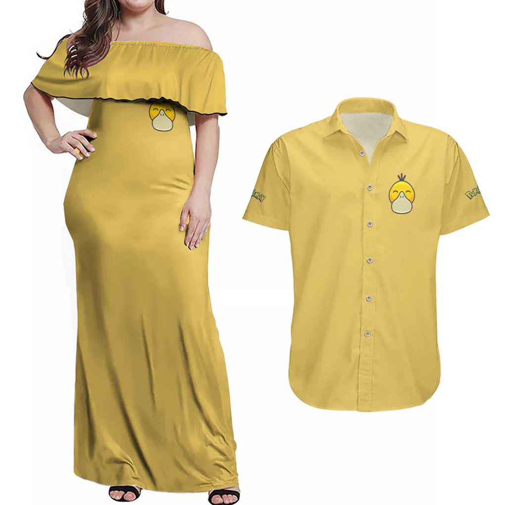Cute Psyduck Poke Couples Matching Off Shoulder Maxi Dress and Hawaiian Shirt Anime Style