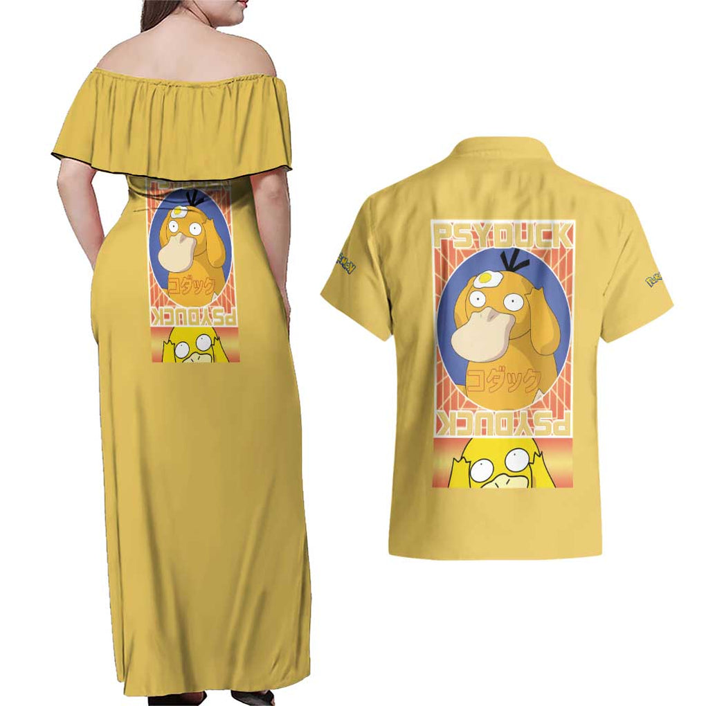 Cute Psyduck Poke Couples Matching Off Shoulder Maxi Dress and Hawaiian Shirt Anime Style