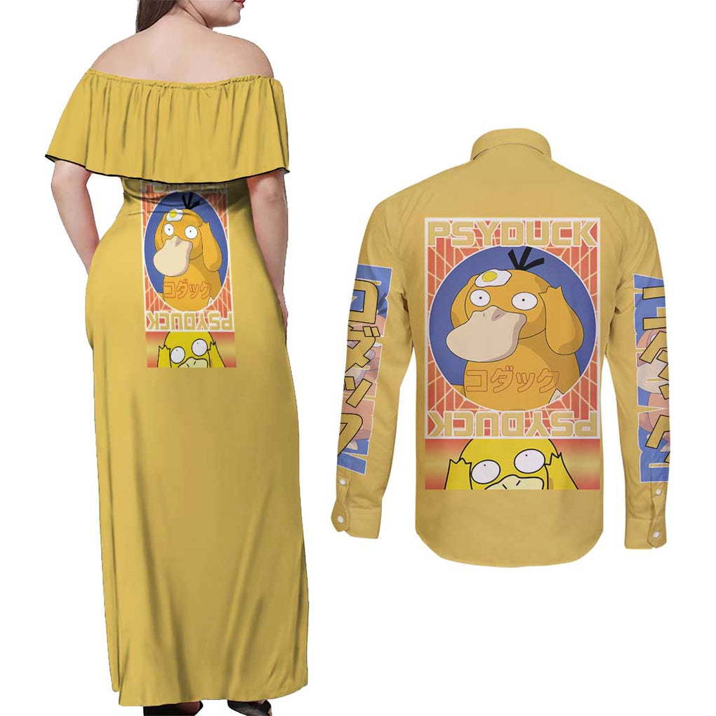 Cute Psyduck Poke Couples Matching Off Shoulder Maxi Dress and Long Sleeve Button Shirt Anime Style