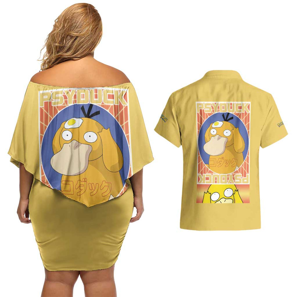 Cute Psyduck Poke Couples Matching Off Shoulder Short Dress and Hawaiian Shirt Anime Style
