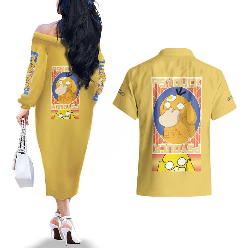 Cute Psyduck Poke Couples Matching Off The Shoulder Long Sleeve Dress and Hawaiian Shirt Anime Style