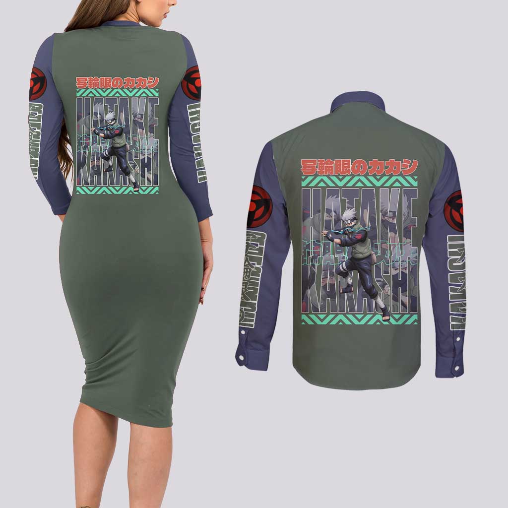 Hatake Kakashi Naruto Shippuden Couples Matching Long Sleeve Bodycon Dress and Long Sleeve Button Shirt Anime Style