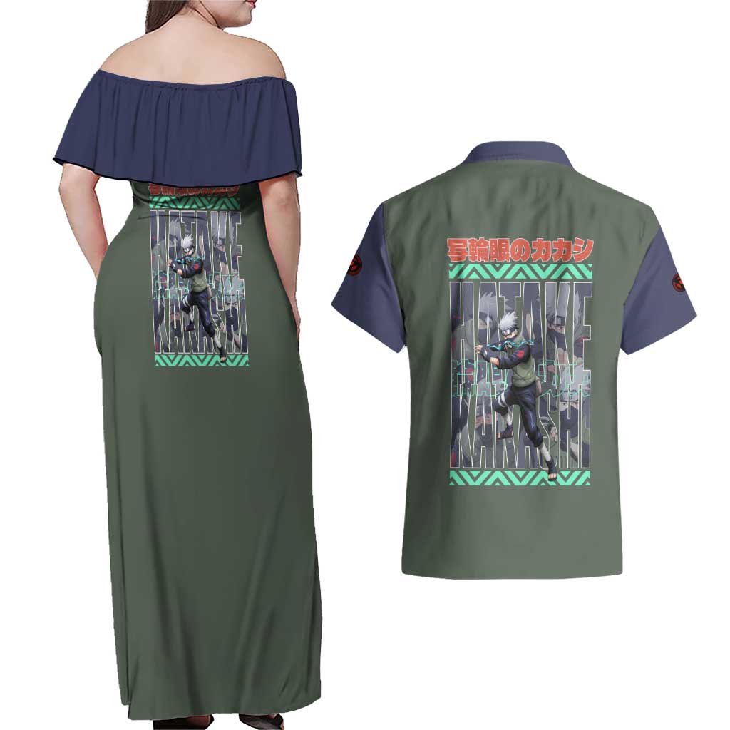 Hatake Kakashi Naruto Shippuden Couples Matching Off Shoulder Maxi Dress and Hawaiian Shirt Anime Style