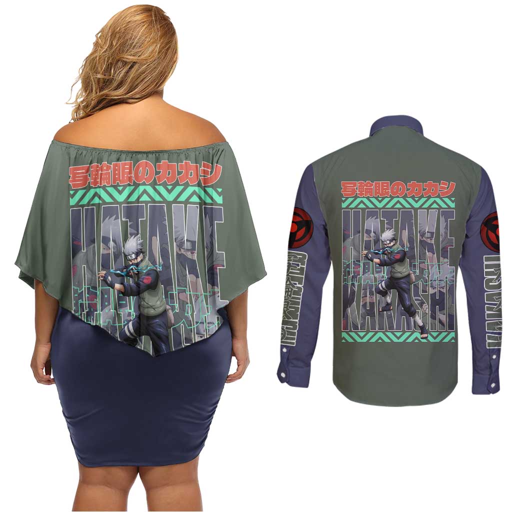 Hatake Kakashi Naruto Shippuden Couples Matching Off Shoulder Short Dress and Long Sleeve Button Shirt Anime Style
