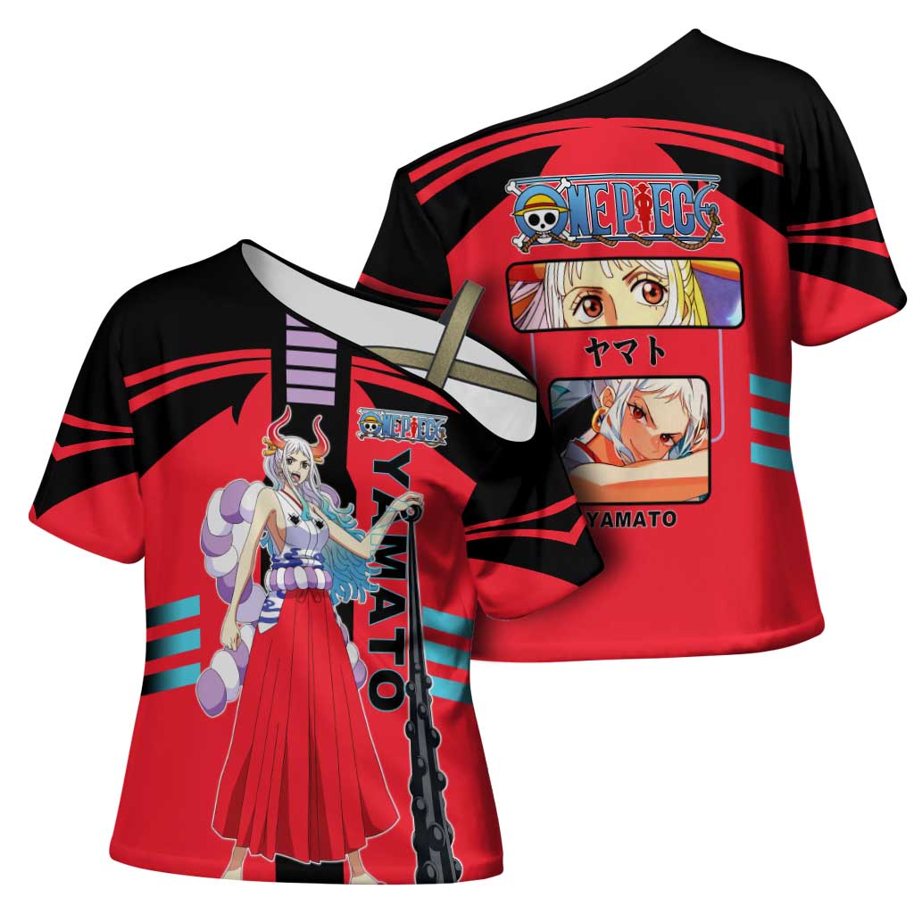 Yamato from One Piece Cross Shoulder Shirt with Fierce Samurai Armor and Dynamic Action Pose Design - The Mazicc