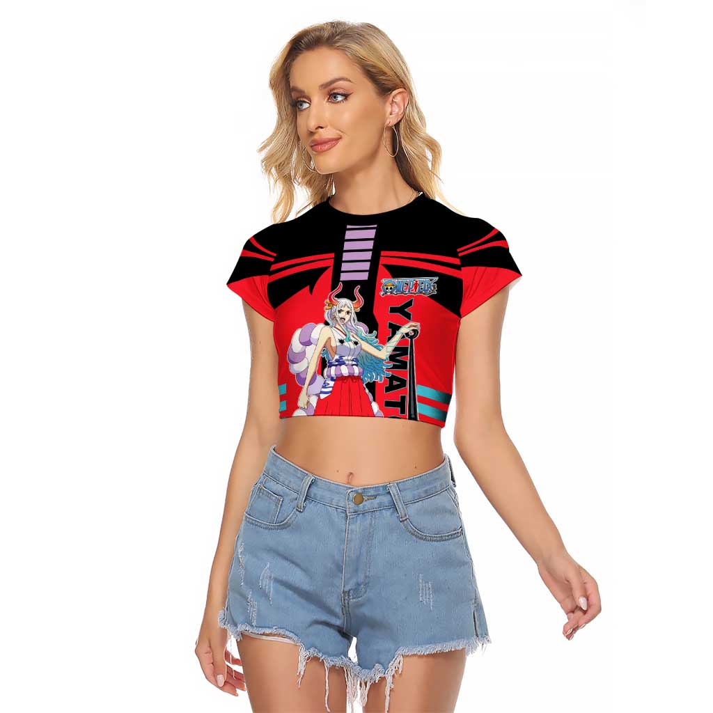 Yamato from One Piece Raglan Cropped T Shirt with Fierce Samurai Armor and Dynamic Action Pose Design - The Mazicc
