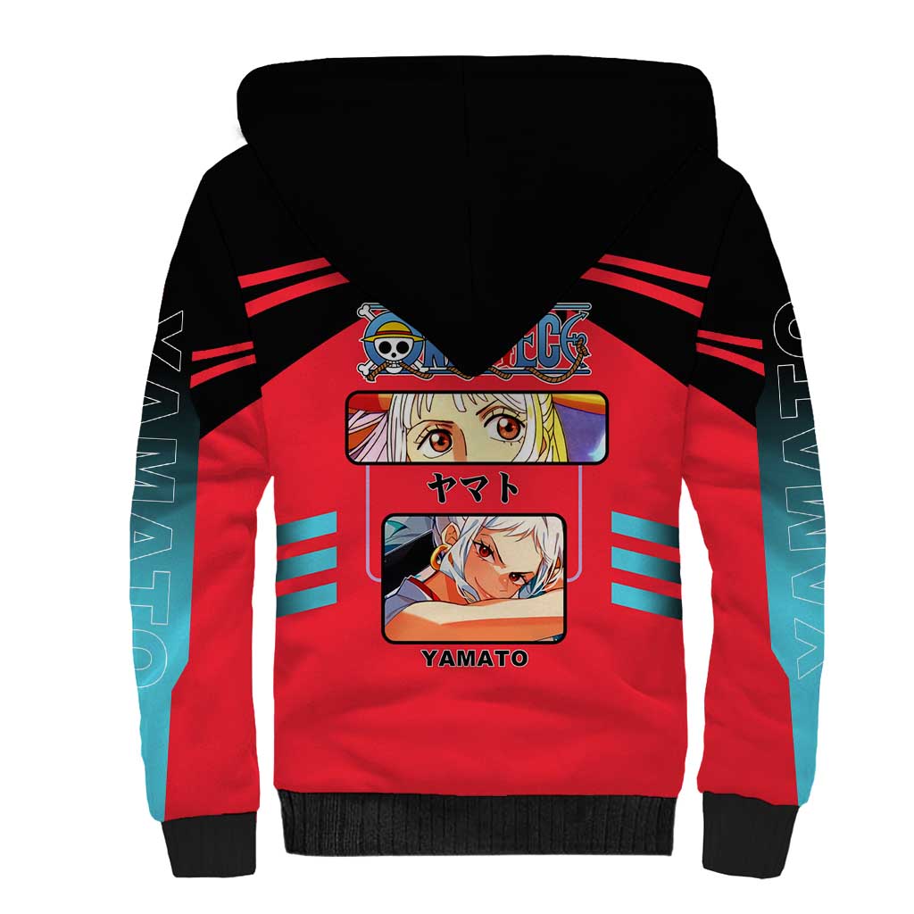 Yamato from One Piece Sherpa Hoodie with Fierce Samurai Armor and Dynamic Action Pose Design - The Mazicc