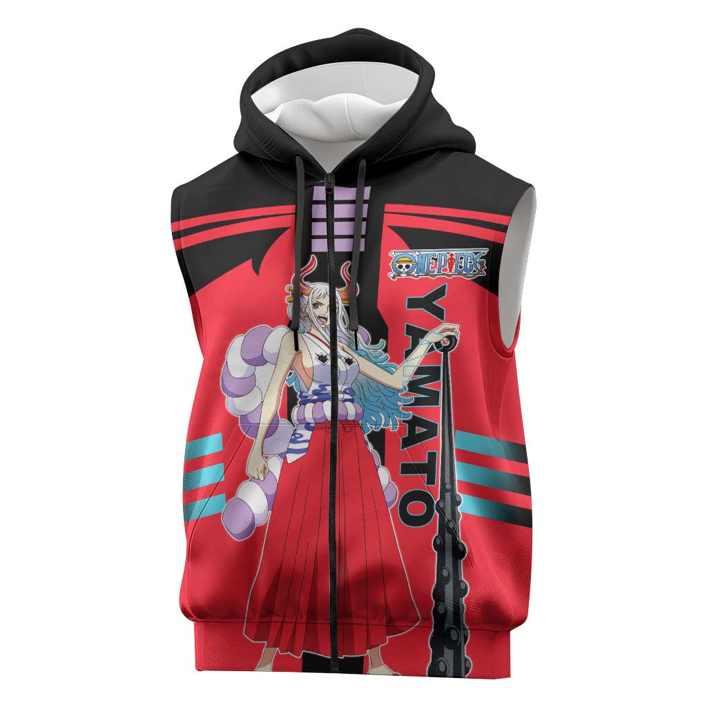 Yamato from One Piece Sleeveless Zip Hoodie with Fierce Samurai Armor and Dynamic Action Pose Design - The Mazicc