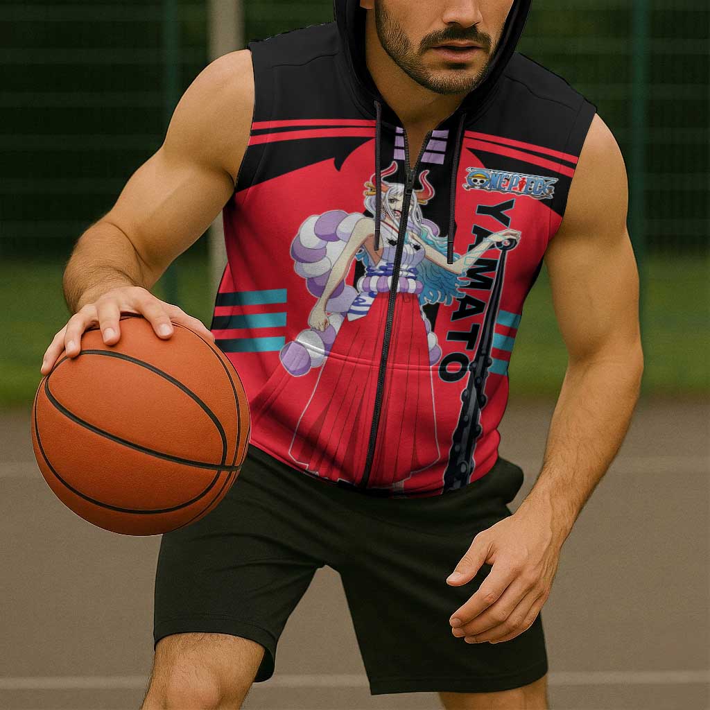 Yamato from One Piece Sleeveless Zip Hoodie with Fierce Samurai Armor and Dynamic Action Pose Design - The Mazicc