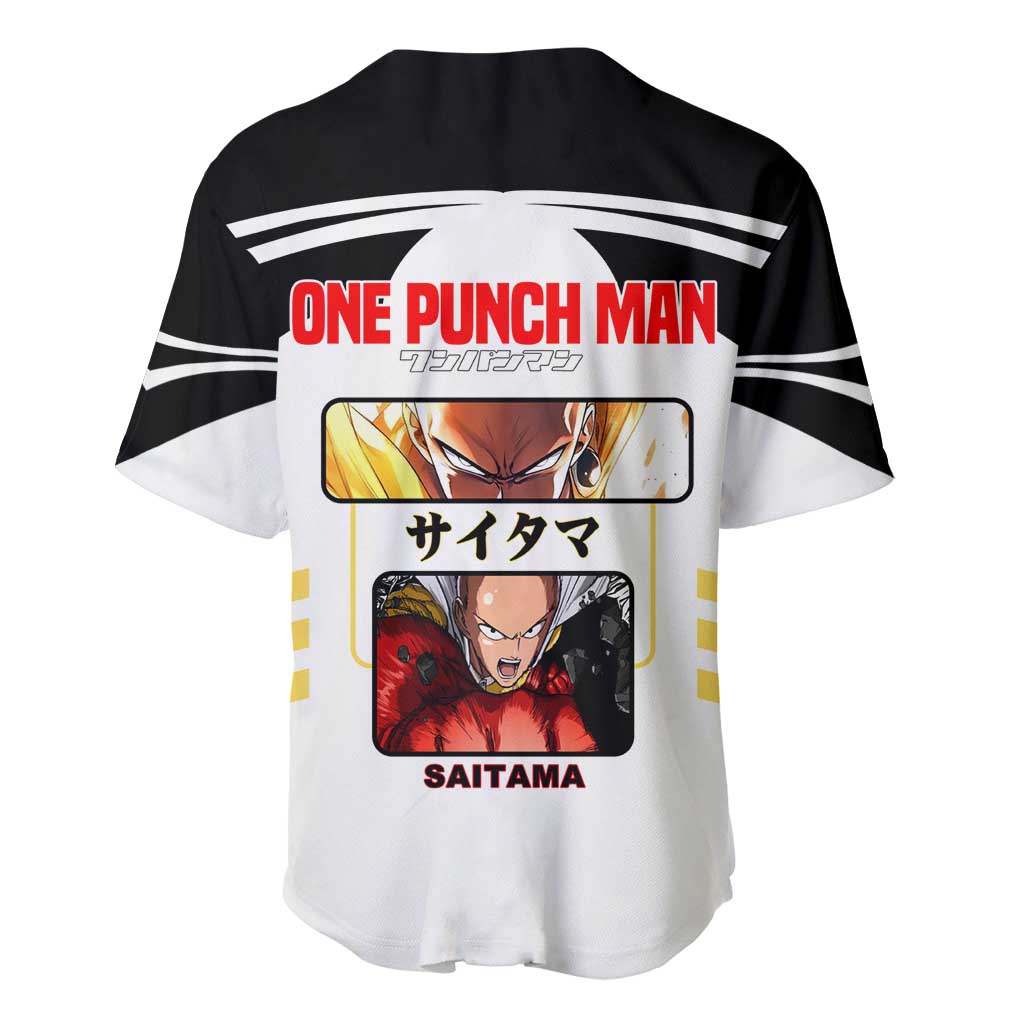 Saitama from One Punch Man Baseball Jersey with Bold Hero Pose and Minimalist Design - The Mazicc