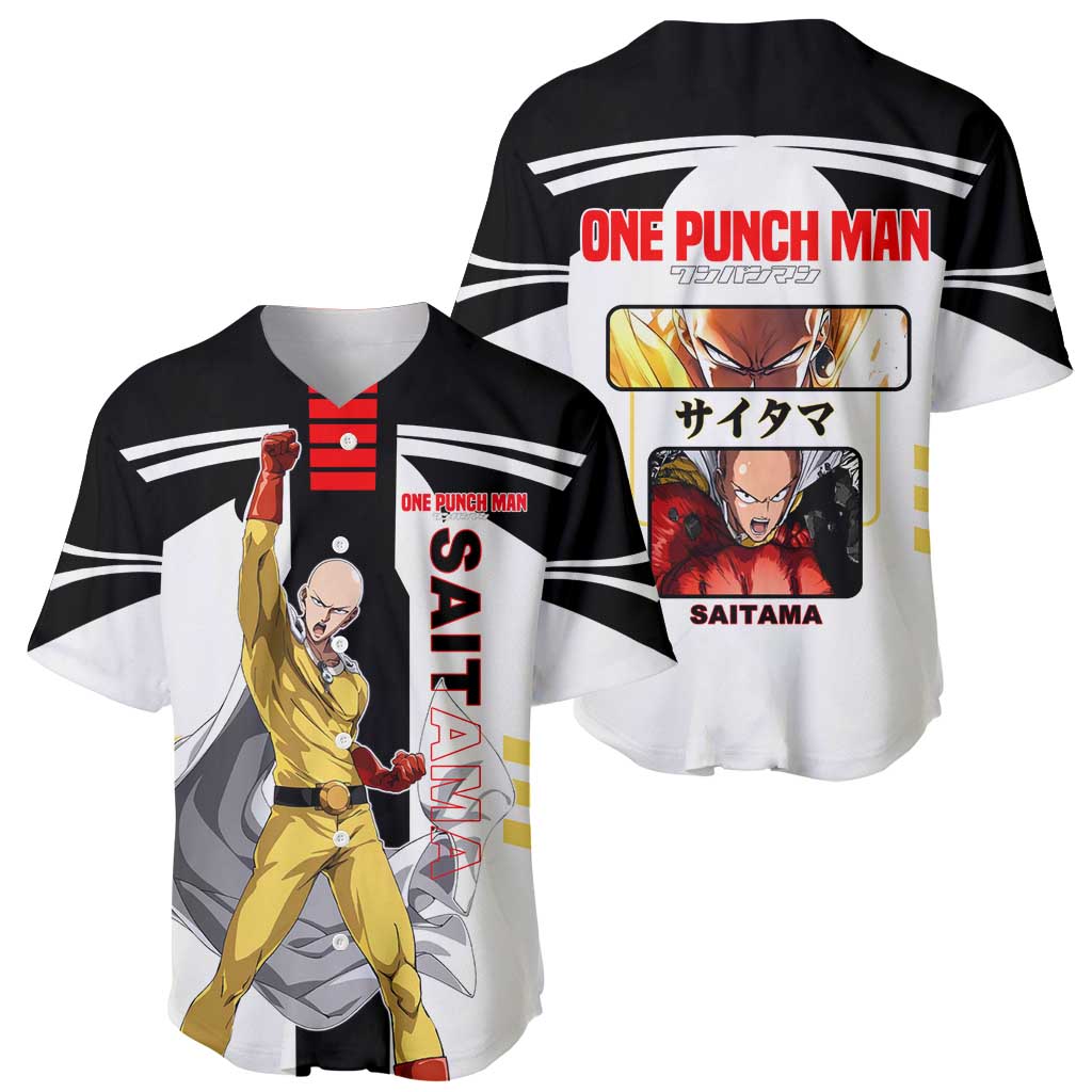Saitama from One Punch Man Baseball Jersey with Bold Hero Pose and Minimalist Design - The Mazicc