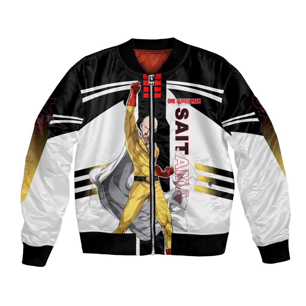 Saitama from One Punch Man Bomber Jacket with Bold Hero Pose and Minimalist Design - The Mazicc
