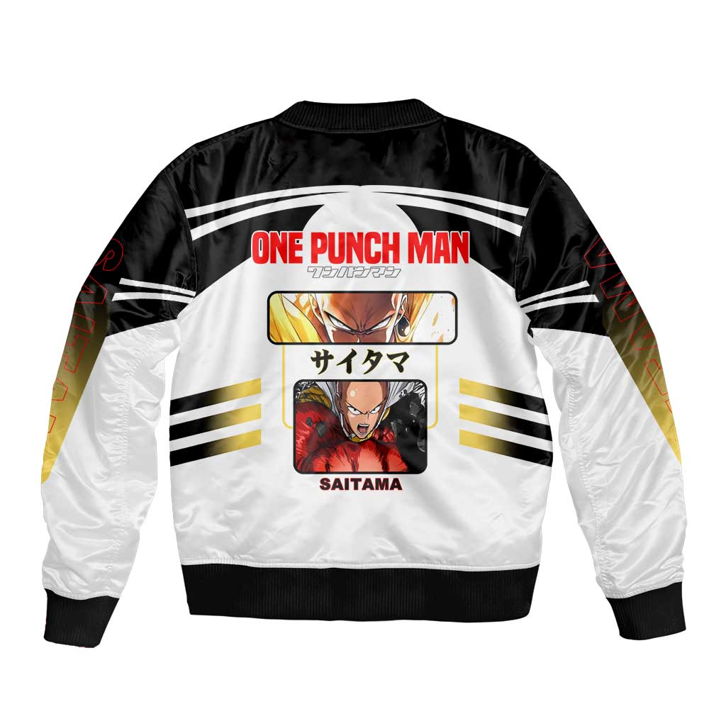 Saitama from One Punch Man Bomber Jacket with Bold Hero Pose and Minimalist Design - The Mazicc