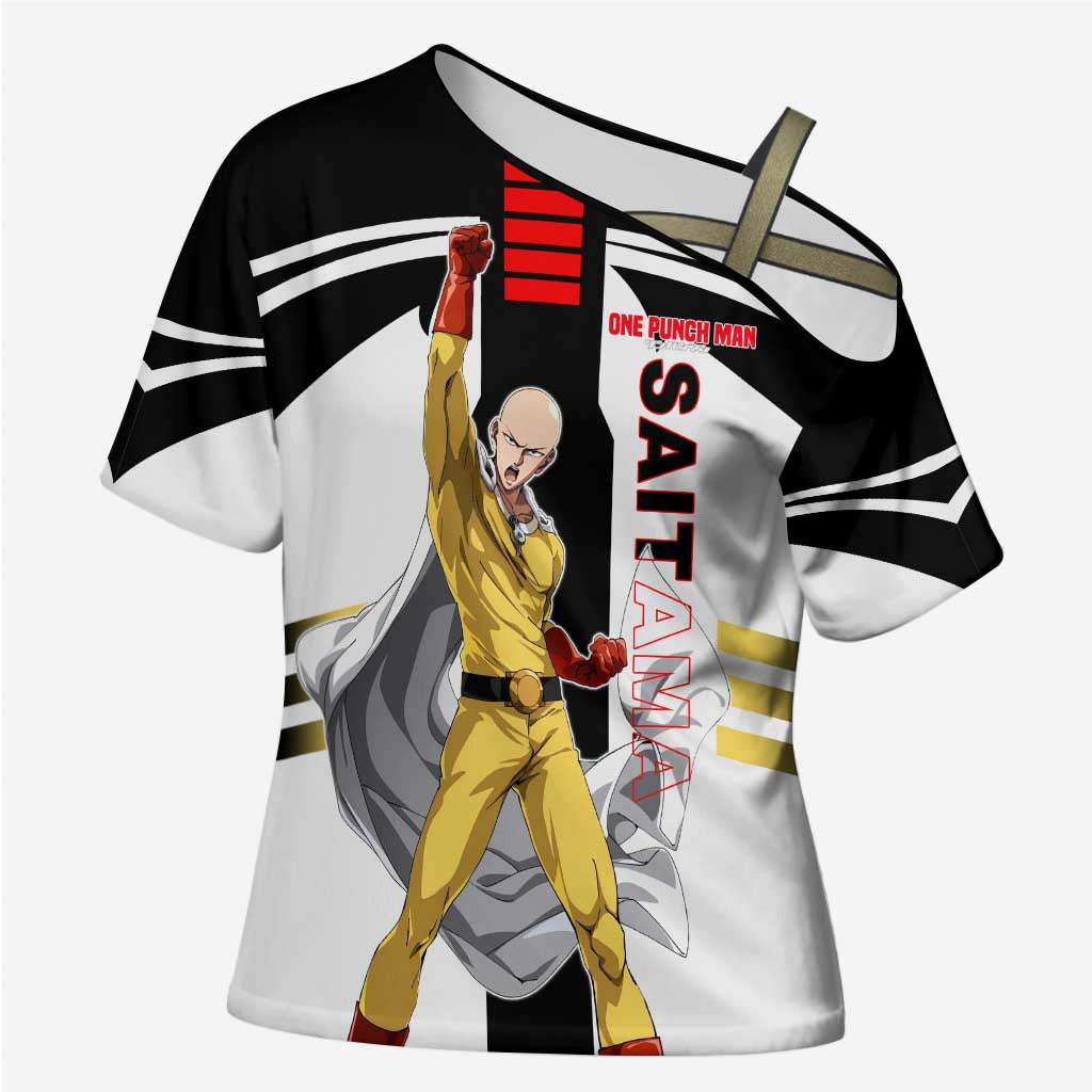 Saitama from One Punch Man Cross Shoulder Shirt with Bold Hero Pose and Minimalist Design - The Mazicc