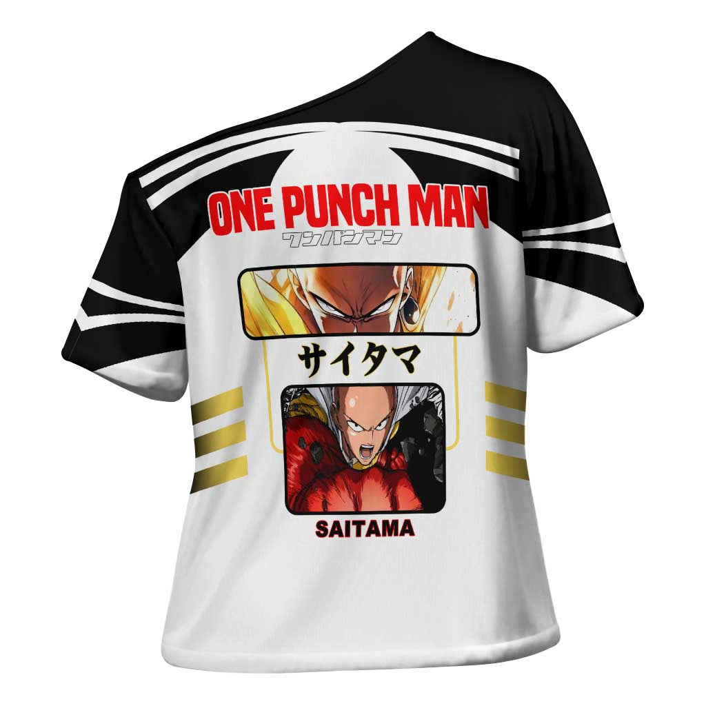 Saitama from One Punch Man Cross Shoulder Shirt with Bold Hero Pose and Minimalist Design - The Mazicc