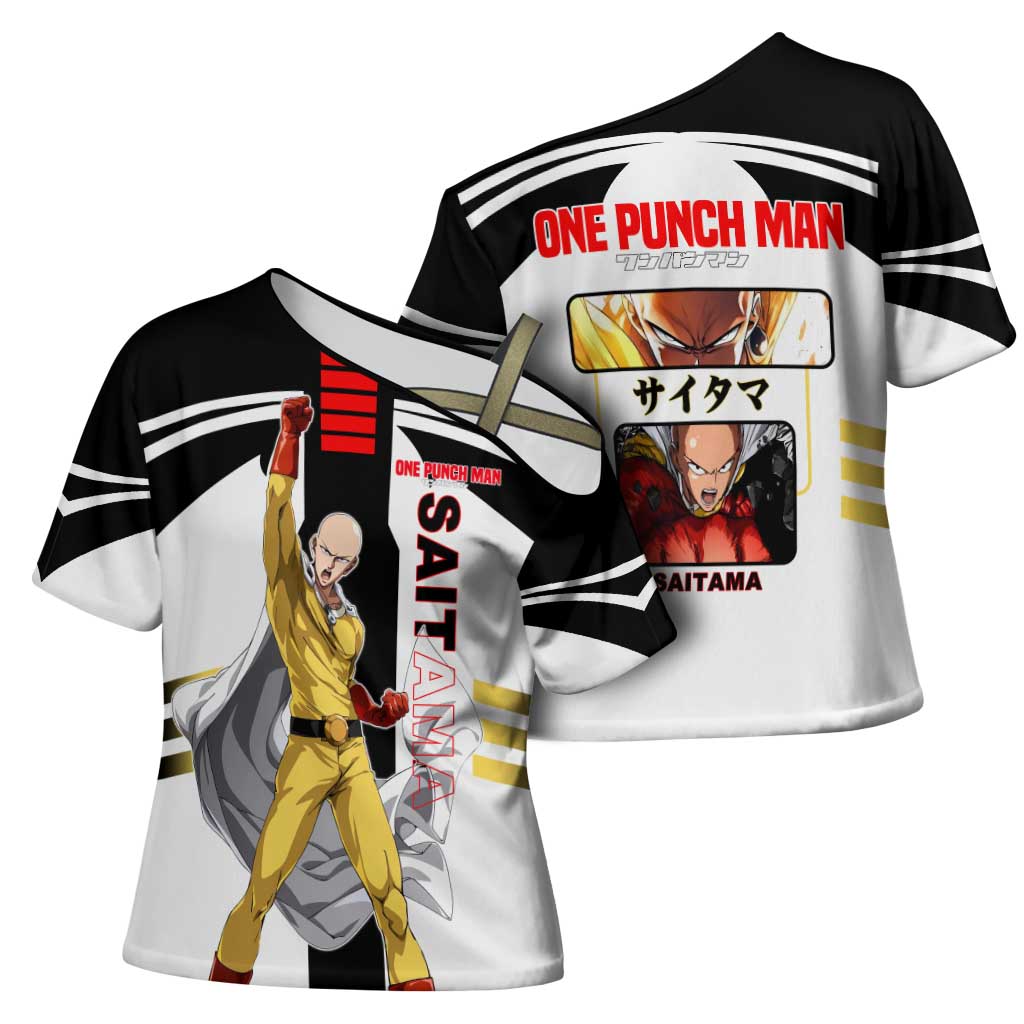Saitama from One Punch Man Cross Shoulder Shirt with Bold Hero Pose and Minimalist Design - The Mazicc