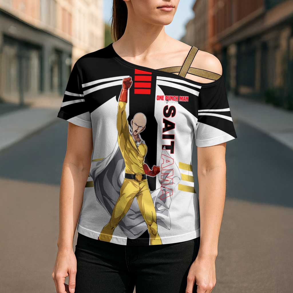 Saitama from One Punch Man Cross Shoulder Shirt with Bold Hero Pose and Minimalist Design - The Mazicc