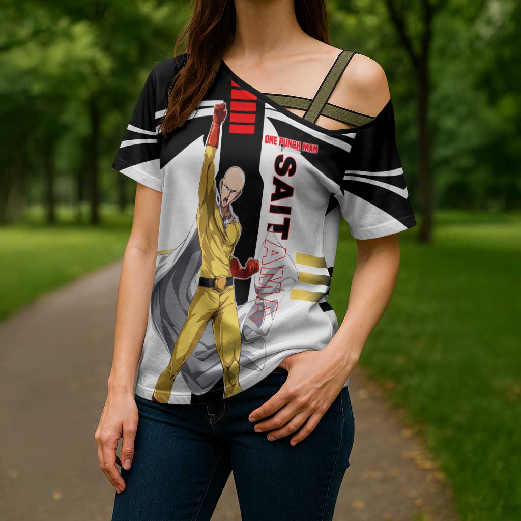 Saitama from One Punch Man Cross Shoulder Shirt with Bold Hero Pose and Minimalist Design - The Mazicc