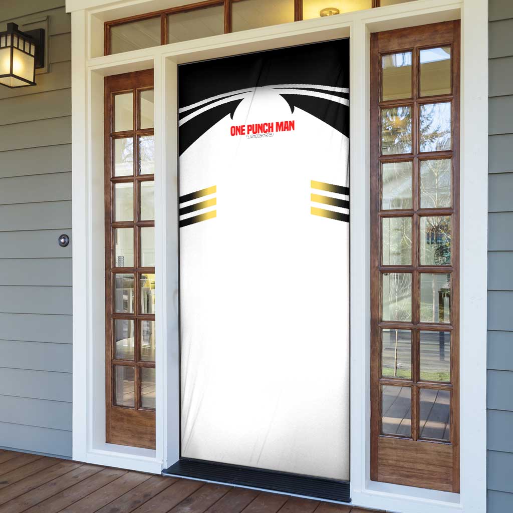 Saitama from One Punch Man Door Cover with Bold Hero Pose and Minimalist Design - The Mazicc